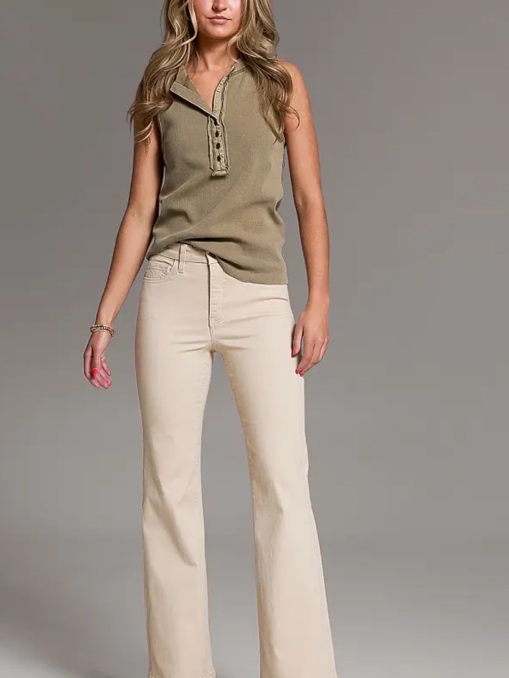 BKE Women's Billie Trouser Stretch Pant Flare Khaki Cream - Tall Length